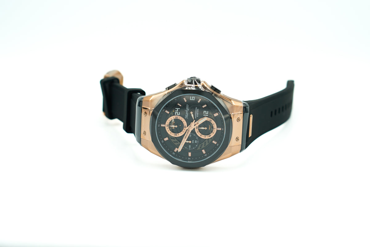 MARKATO Men Watch with Golden Box and Black Rubber Strap