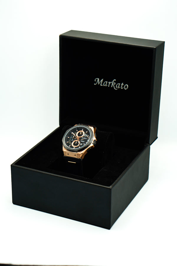 MARKATO Men Watch with Golden Box and Black Rubber Strap