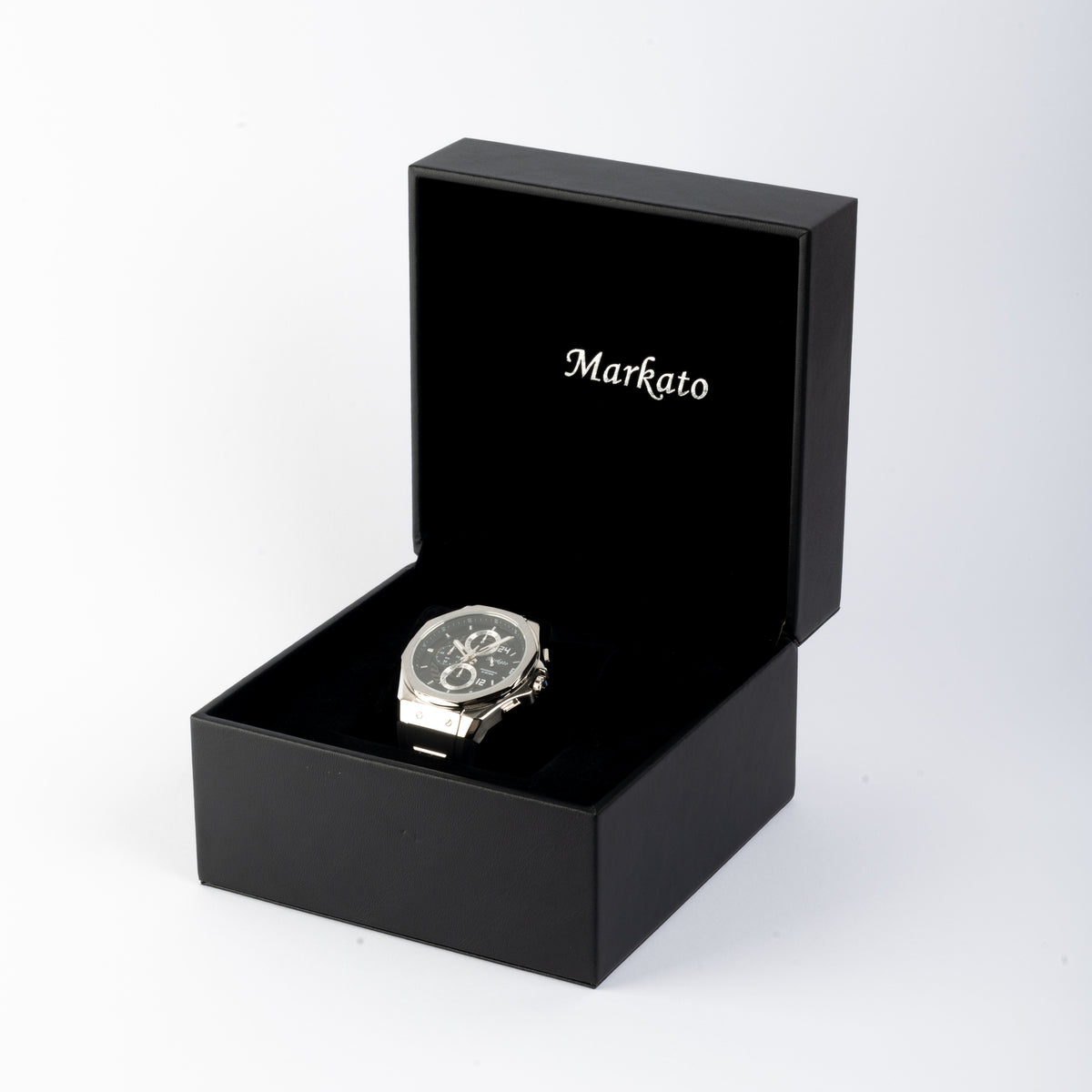 MARKATO Men Watch with Silver Box and Black Rubber Strap