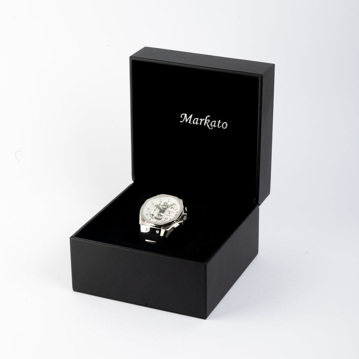 MARKATO Men Watch with Silver Box and Black Rubber Strap and white Dial