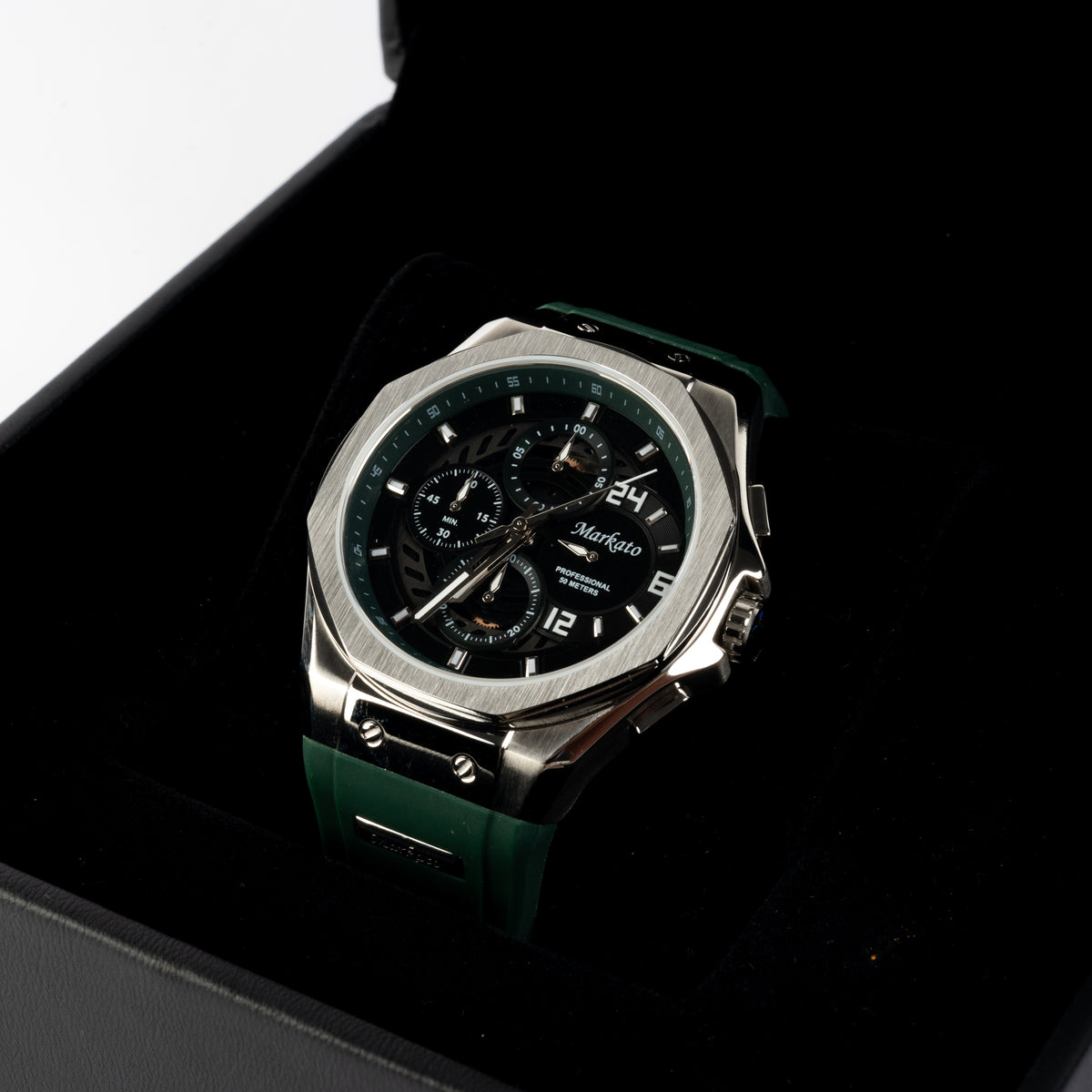 MARKATO Men Watch with Silver Box and Green Rubber Strap and Black Dial