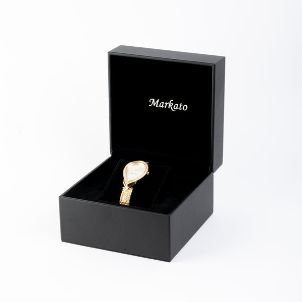 MARKATO Women Watch with Pear Shape with White Dial & Golden Strap