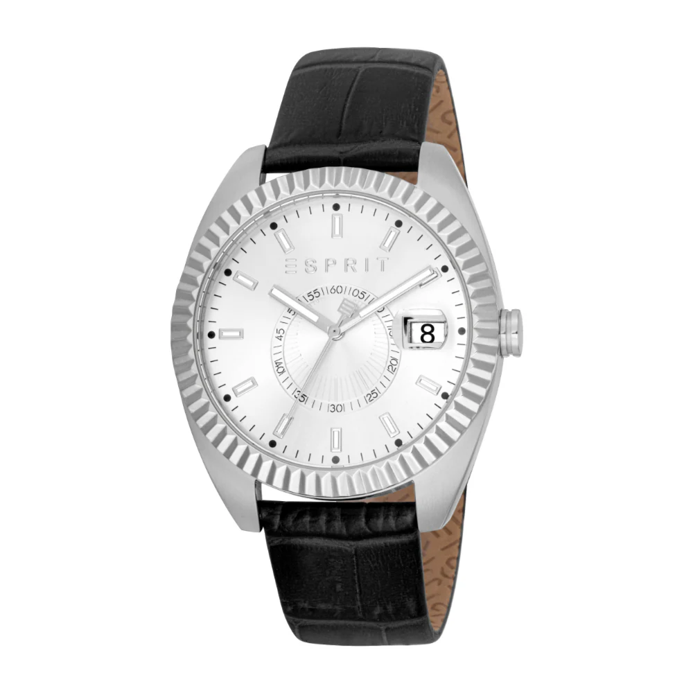 ESPRIT Men's Silver Watch With Silver Dial, Black Leather Strap