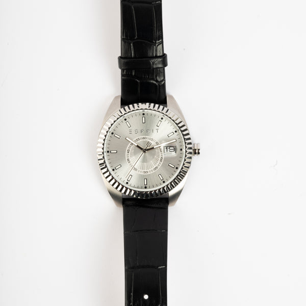 ESPRIT Men's Silver Watch With Silver Dial, Black Leather Strap