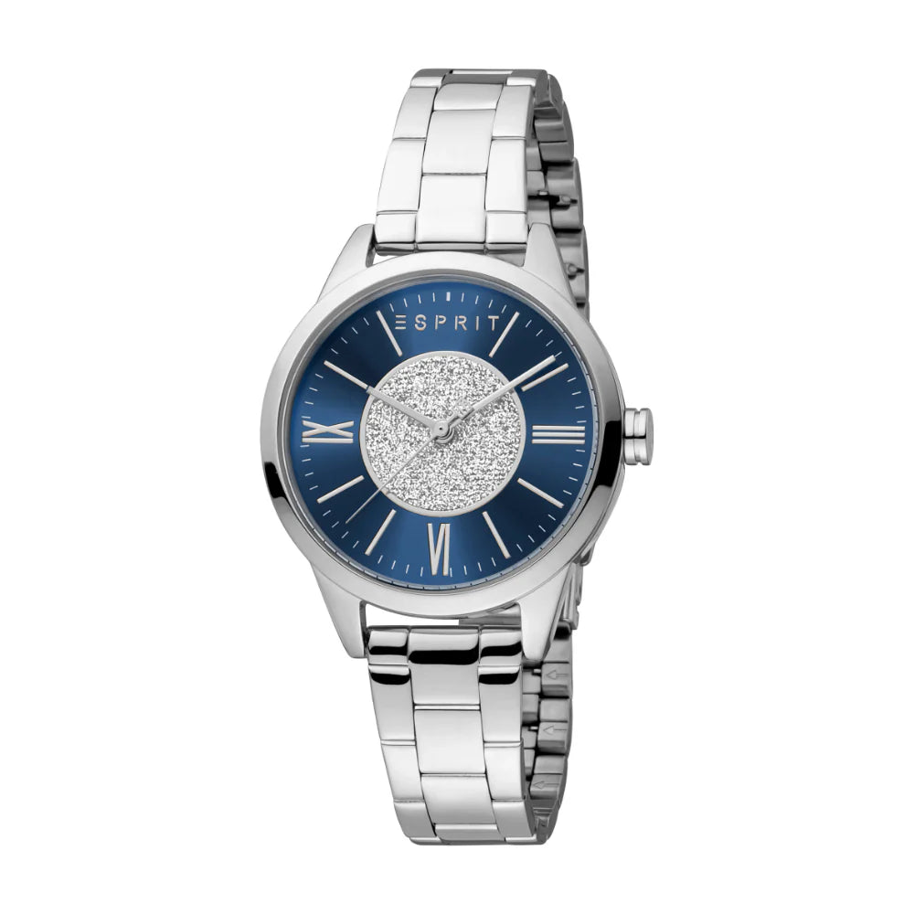 ESPRIT Women's Silver Watch With Dark Blue Glitter Dial And Stainless Steel Bracelet