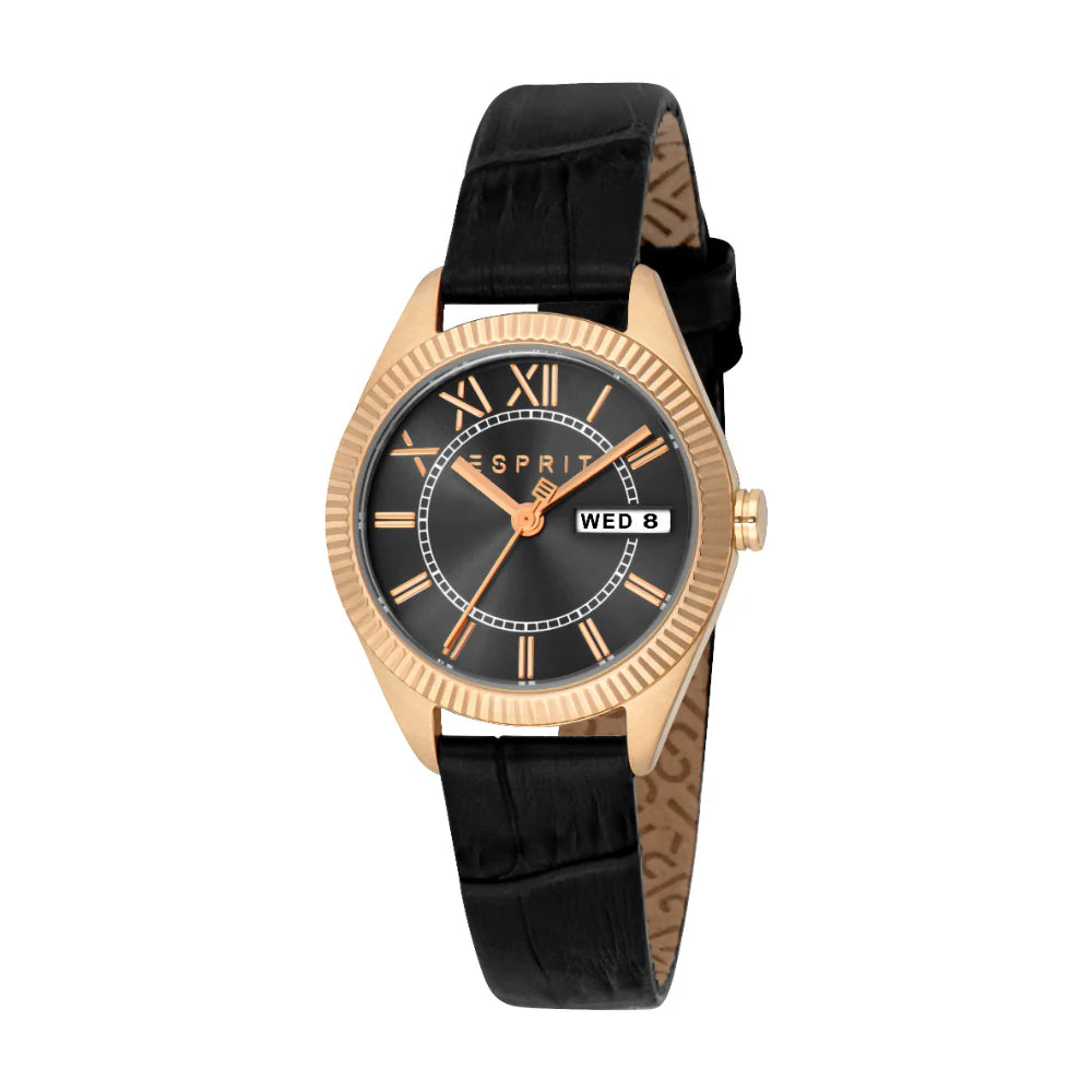 ESPRIT Women's Rose Gold Watch With Black Dial And Leather Strap