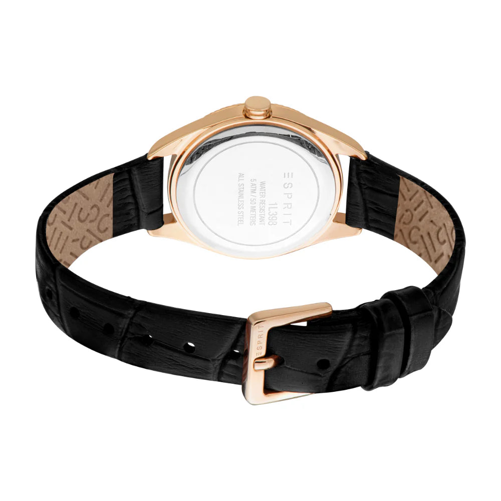 ESPRIT Women's Rose Gold Watch With Black Dial And Leather Strap