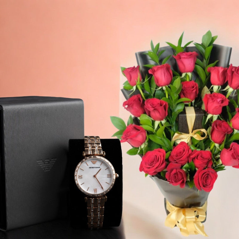 Golden Emporio Armani with red flowers arrangement