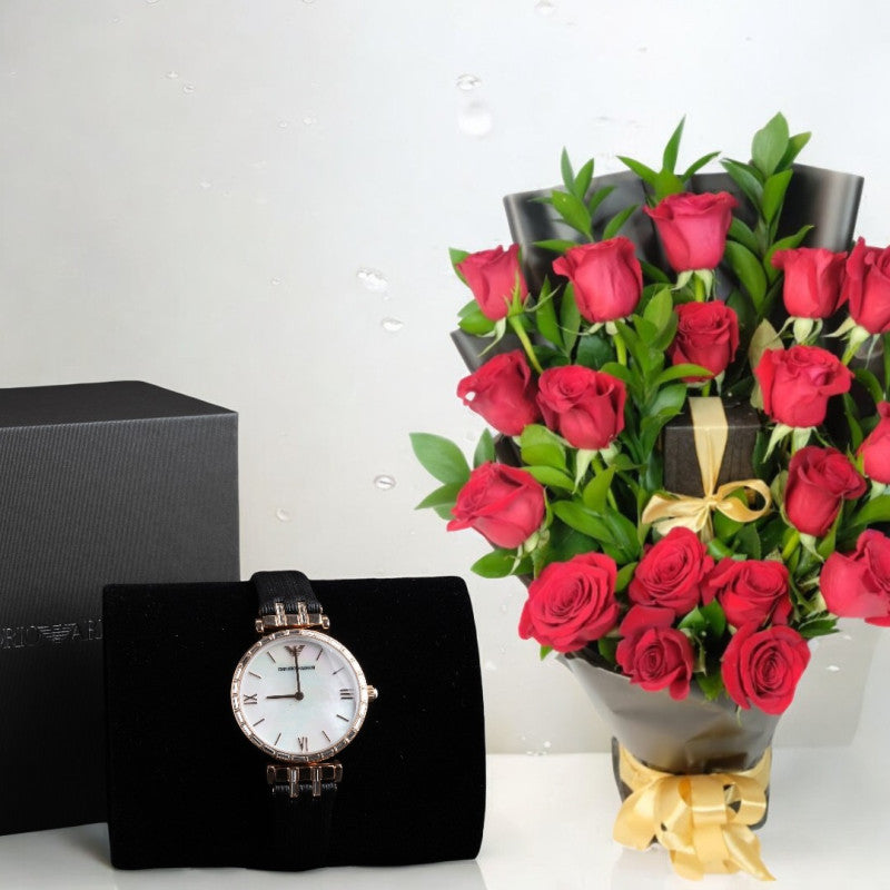 Emporio Armani Analog Rose Gold Case with Red Flowers Bouquet