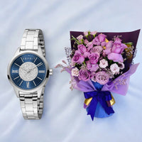 ESPRIT Women's Silver Watch With Dark Blue Glitter Dial and flowers Arrangement