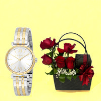 Silver & Gold Color ESPRIT Women Watch with Red flowers arrangement