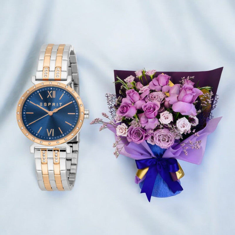 Dark Blue Dial ESPRIT Women Watch with Flowers Arrangement