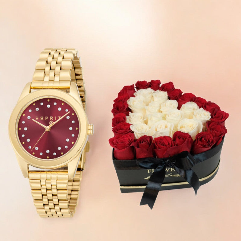 Gold Color ESPRIT Women's Watch with Mixed Flowers Arrangement