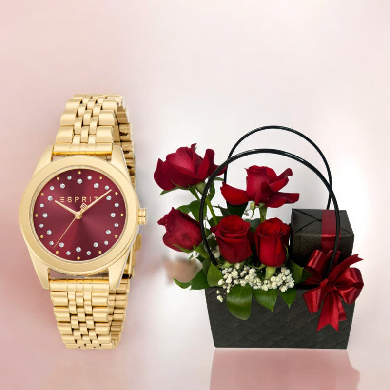 Gold Color ESPRIT Women's Watch with Red Flowers Arrangement