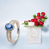 Serene White Gold Diamond and Turquoise Ring with Red Flowers Arrangement