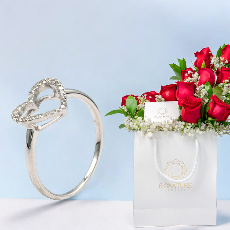 Forever Yours Heart-Cut Diamond Gold Ring with Red Flowers arrangement