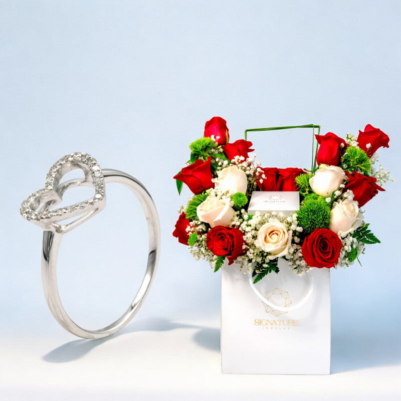 Forever Yours Heart-Cut Diamond Gold Ring with Mixed Flowers arrangement