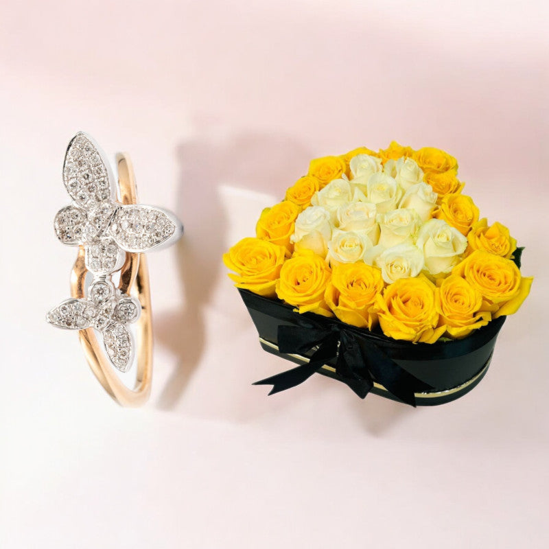 Rose Gold Butterfly Diamond Ring with Heart shape flowers arrangement