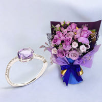 Diamond Ring with Amethyst stones and Flowers Arrangement