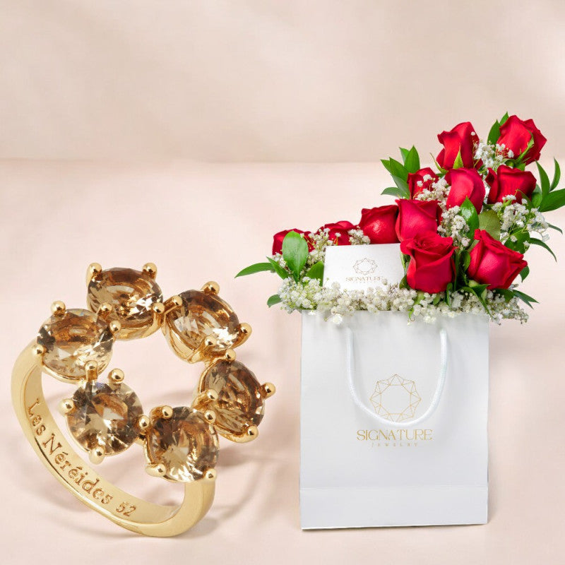 Les Nereides Golden Brown Ring ( Plated) With Red Flowers Arrangement