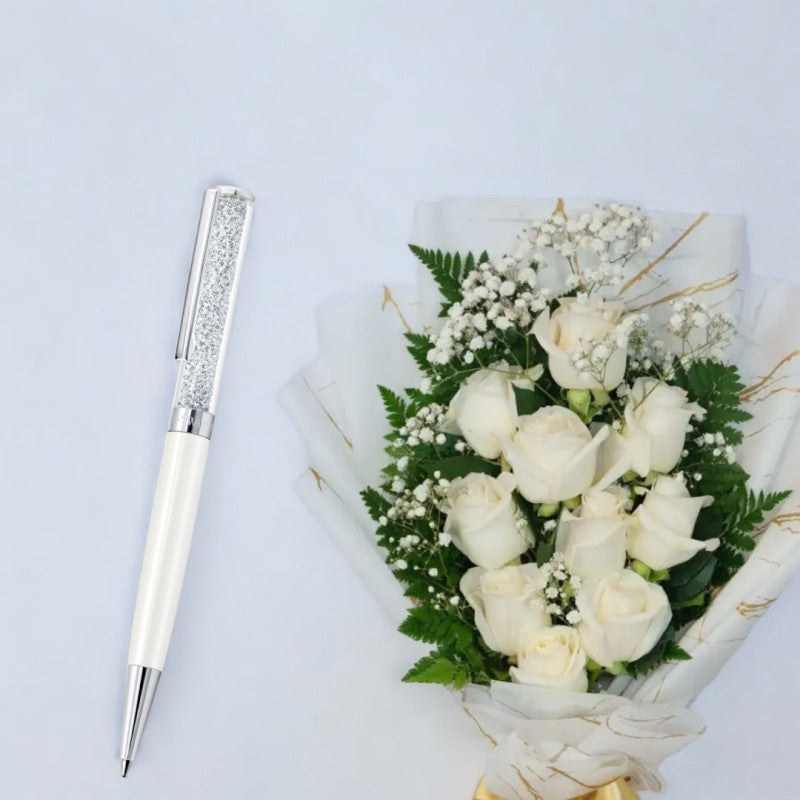 Swarovski Crystalline Ballpoint Pen , Chrome Plated With Flowers Bouquet