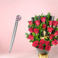 Swarovski Ballpoint Pen Star, Pink, Chrome Plated with Flowers Bouquet