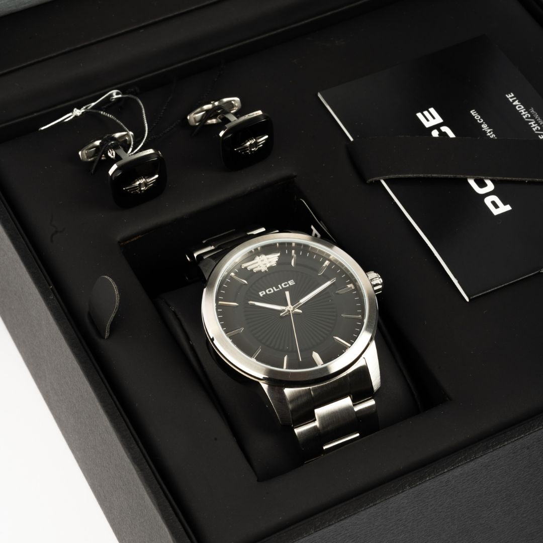 Men Set : Silver color Watch with Cufflinks by police