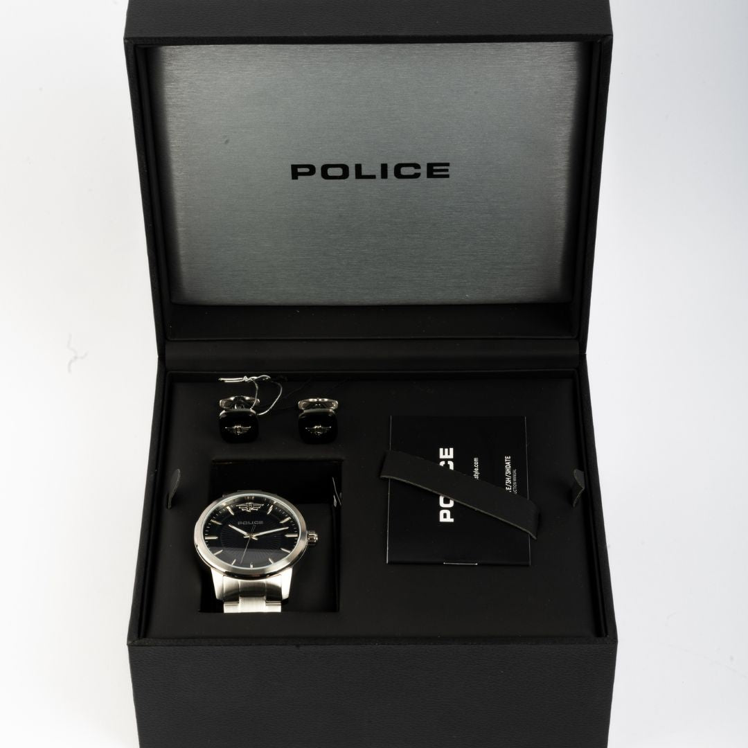 Men Set : Silver color Watch with Cufflinks by police