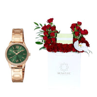 Gift of Esprit Stella Ladies Dark Green Dial Stainless Steel Rose Gold Watch & Flowers Arrangement