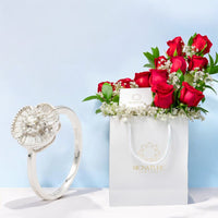 Blooming Beauty White Gold Diamond Ring with bouquet of Red flowers